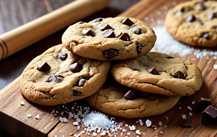**
A batch of freshly baked gluten-free chocolate chip cookies on a wooden cutting board, dusted with sea salt. Focus on the slightly crispy edges and soft, chewy center of the cookies. Use natural lighting to highlight the textures.
**